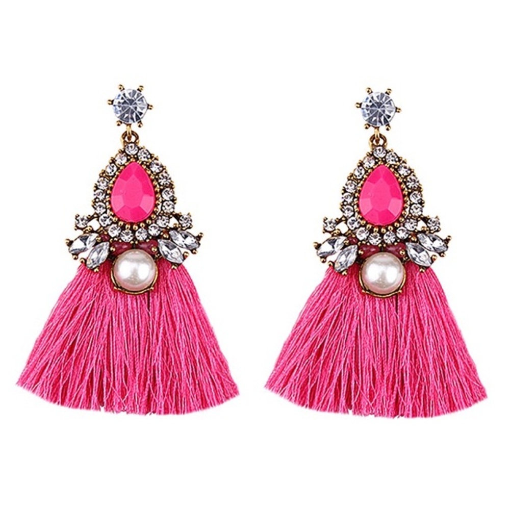 Pearl and Tassel Fringe Earrings - Hot Pink